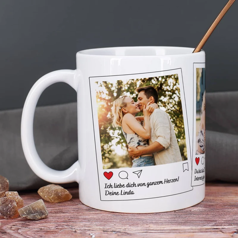 Instagram Post Tasse mit 3 Fotos und Wunschtexten