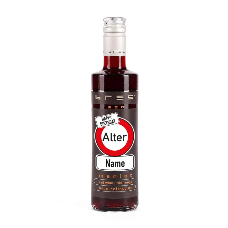 Kleiner BREE Wein zum Geburtstag mit Verkehrszeichen, Name und Alter