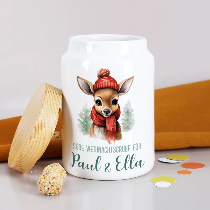 Weihnachts-Dose mit kleinem Rentier, Wunschtext & Name