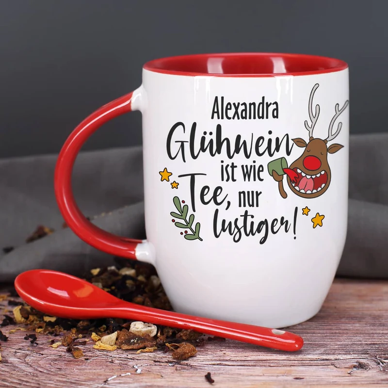 Glühwein ist wie Tee, nur lustiger! - Löffeltasse mit Namensaufdruck