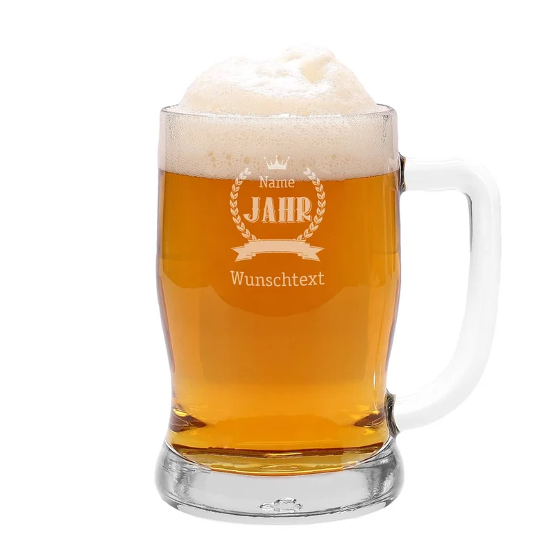 Bierseidel zum Geburtstag mit Name, Jahreszahl und Glückwunschtext