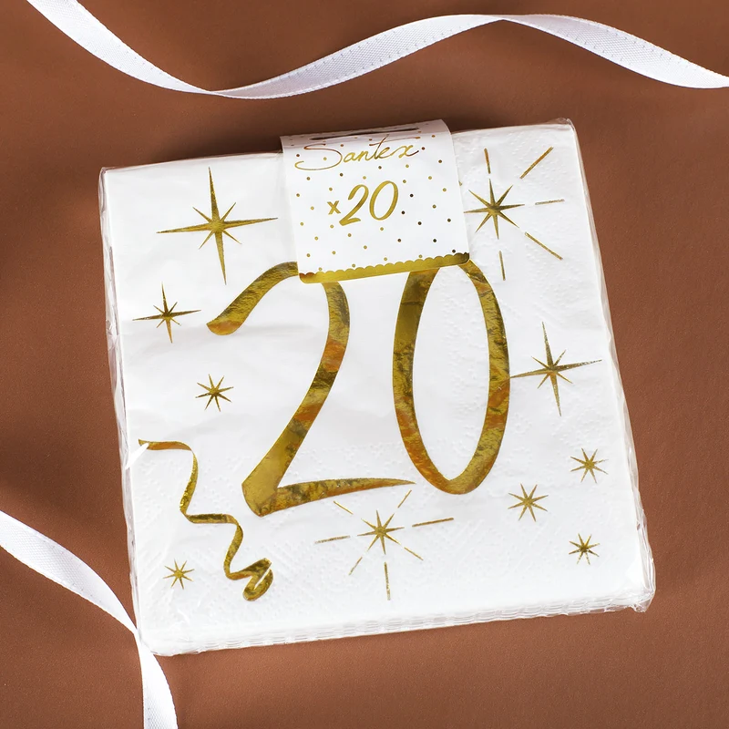 Weiße Servietten zum 20. Geburtstag in Gold-Metallic