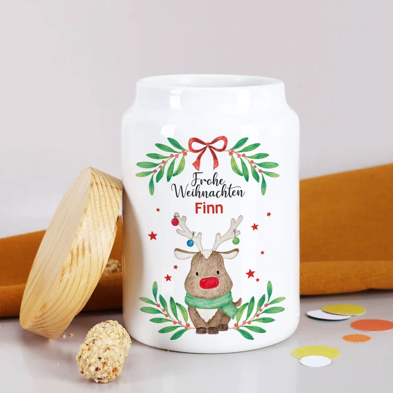 Keksdose mit Weihnachtsmotiv und Namensaufdruck