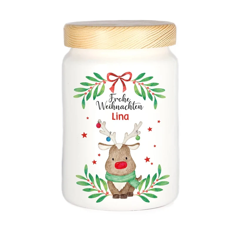 Keksdose mit Weihnachtsmotiv und Namensaufdruck