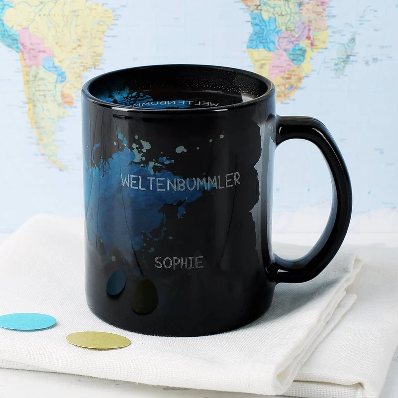 Glastasse mit Magic Effekt und Gravur - Weltenbummler