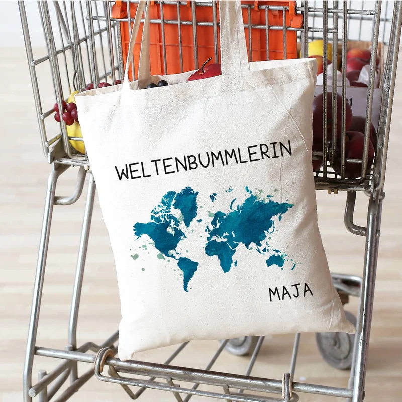 Baumwolltasche für Weltenbummler mit Weltkarte und Name