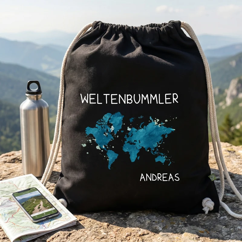 Baumwoll-Sportbeutel für Weltenbummler mit Namen in Schwarz