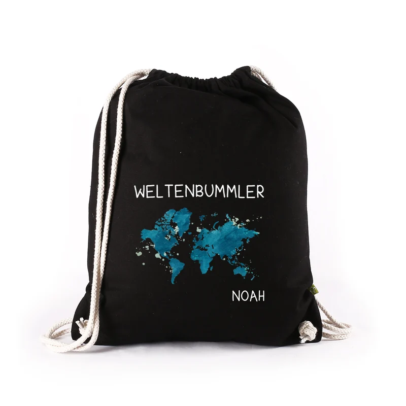 Baumwoll-Sportbeutel für Weltenbummler mit Namen in Schwarz