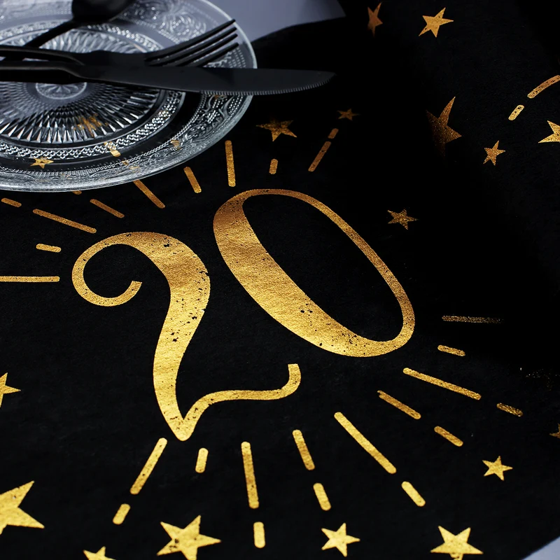 Tischläufer aus Vlies zum 20. Geburtstag - schwarz/gold