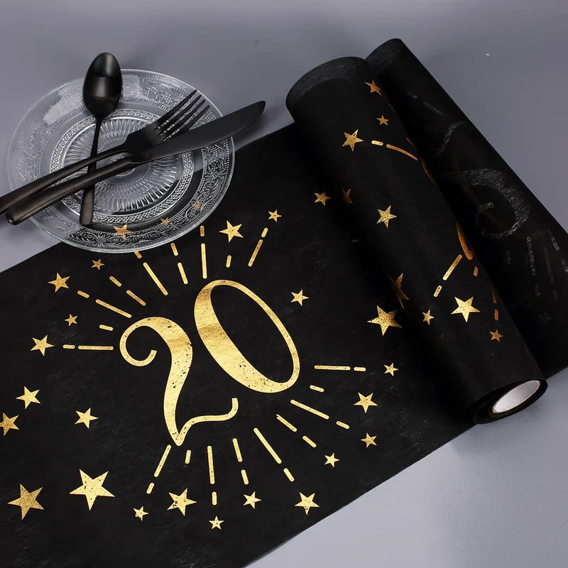 Tischläufer aus Vlies zum 20. Geburtstag - schwarz/gold