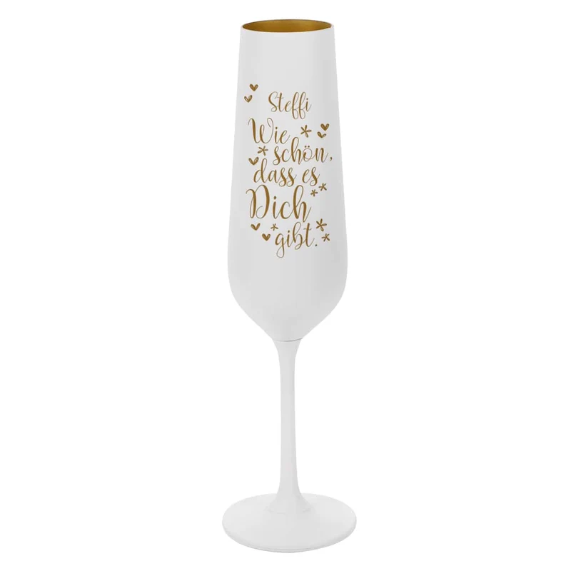 Wie schön, dass es Dich gibt. - Sektglas in weiß-gold mit Ihrem Wunschnamen