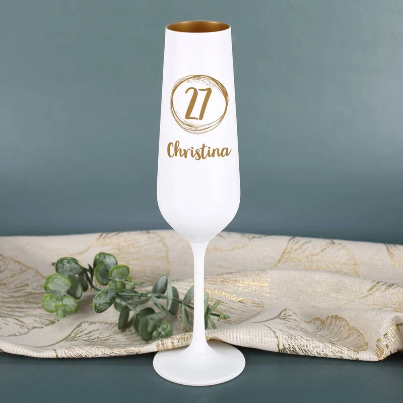 Weiß-Goldenes Sektglas zum Geburtstag mit Name und Alter graviert