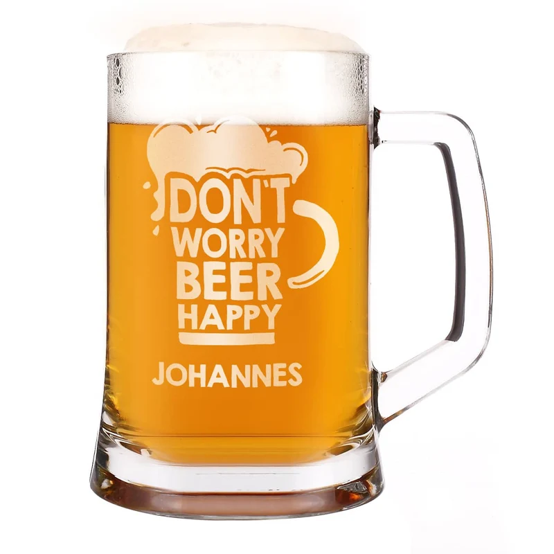 Gravierter Bierseidel DON`T WORRY BEER HAPPY mit Wunschname