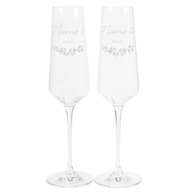 Zwei Sektgläser zur Hochzeit mit Wunschnamen und Datum