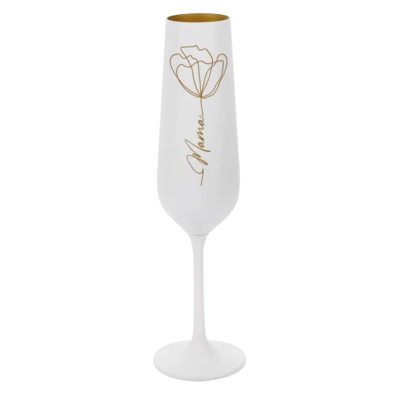 Sektglas mit Line Art Blume und Namensgravur im Blütenstiel