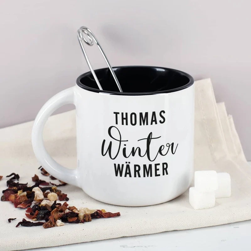 Große Tasse - Winter Wärmer - innen schwarz und mit Ihrem Namen