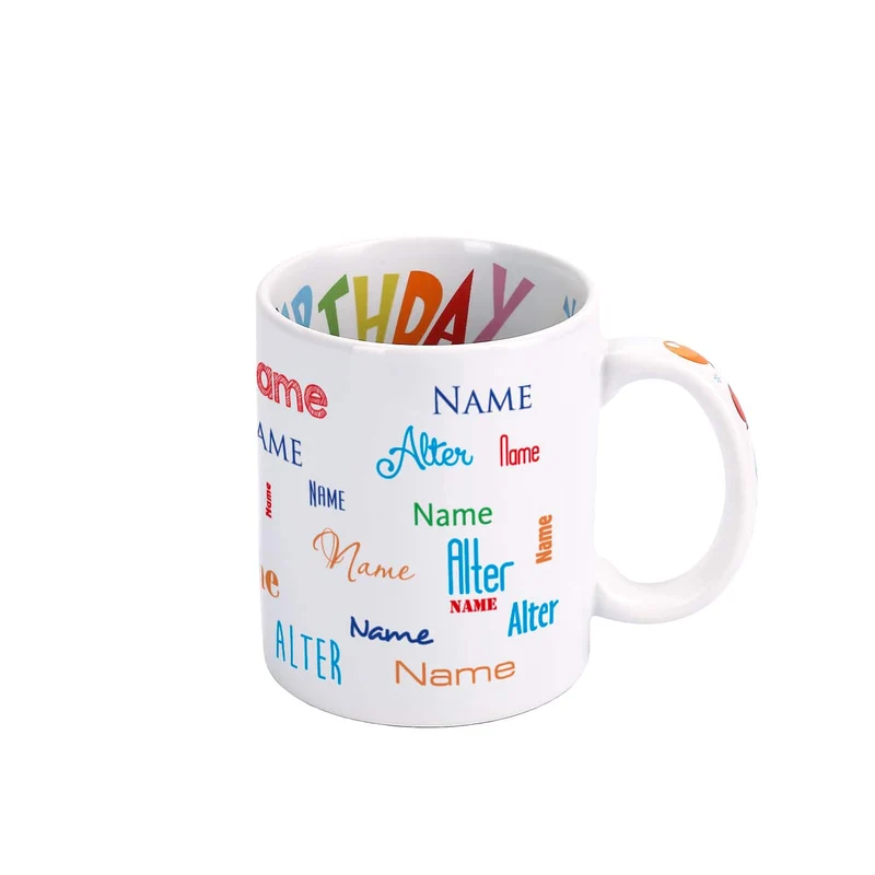 Geburtstagstasse mit Name, Alter und Geburtstagsmotiv innen