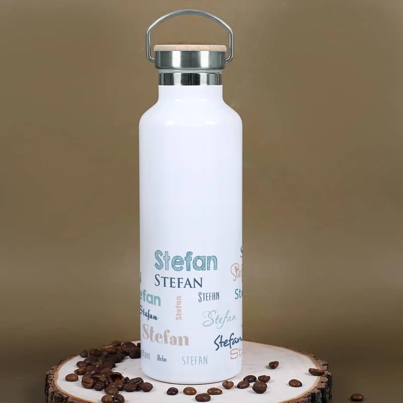 Thermosflasche mit Ihrem Wunschnamen in verschiedenen Schriftarten