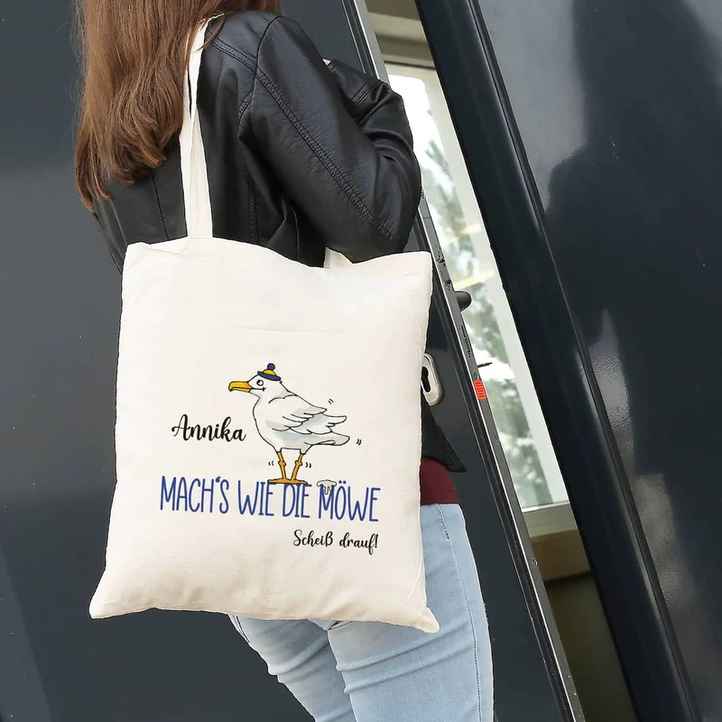 Mach's wie die Möwe... - Baumwollbeutel mit Name