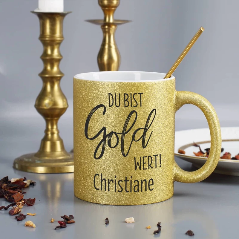 Goldtasse "Du bist Gold wert" mit Namen bedruckt