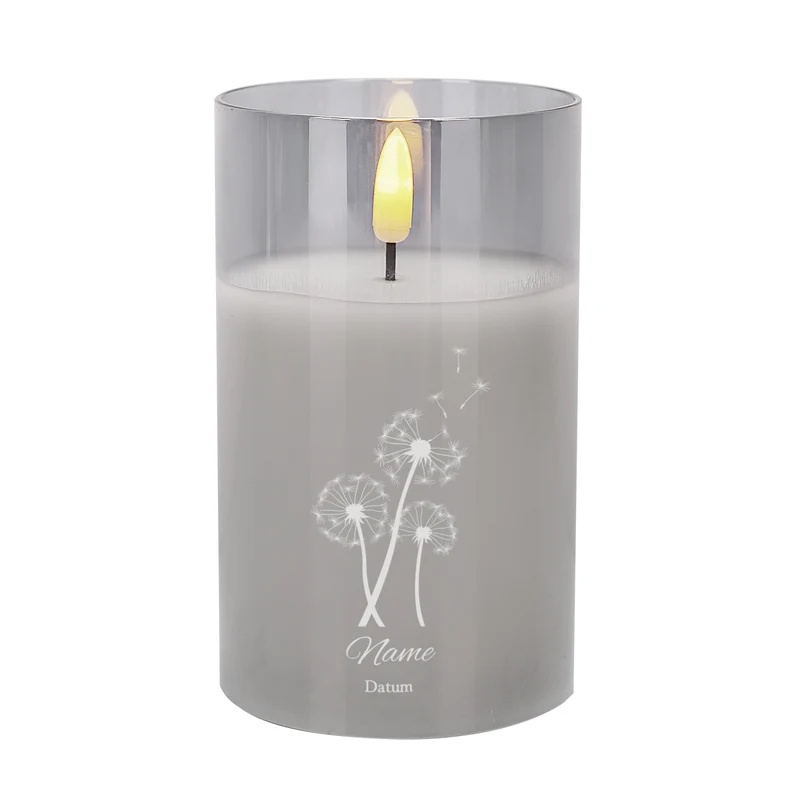 Graviertes LED Trauerwindlicht mit Pusteblumen, Name und Datum