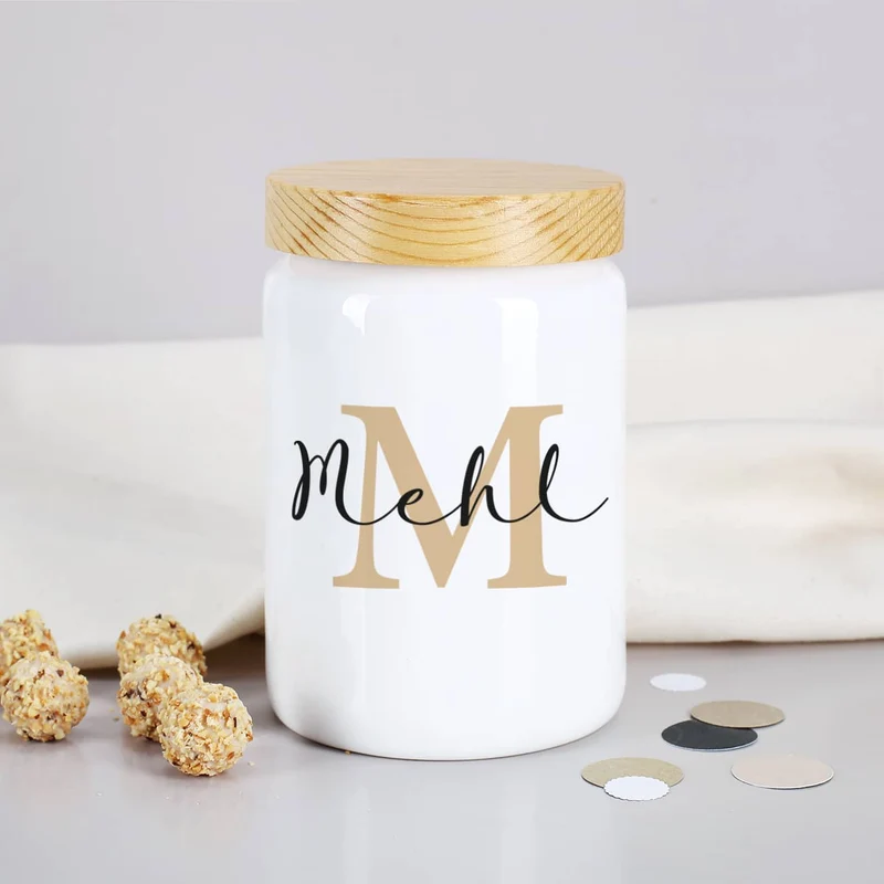 Moderne Keramikdose mit Holzdeckel und Ihrem Wunschaufdruck