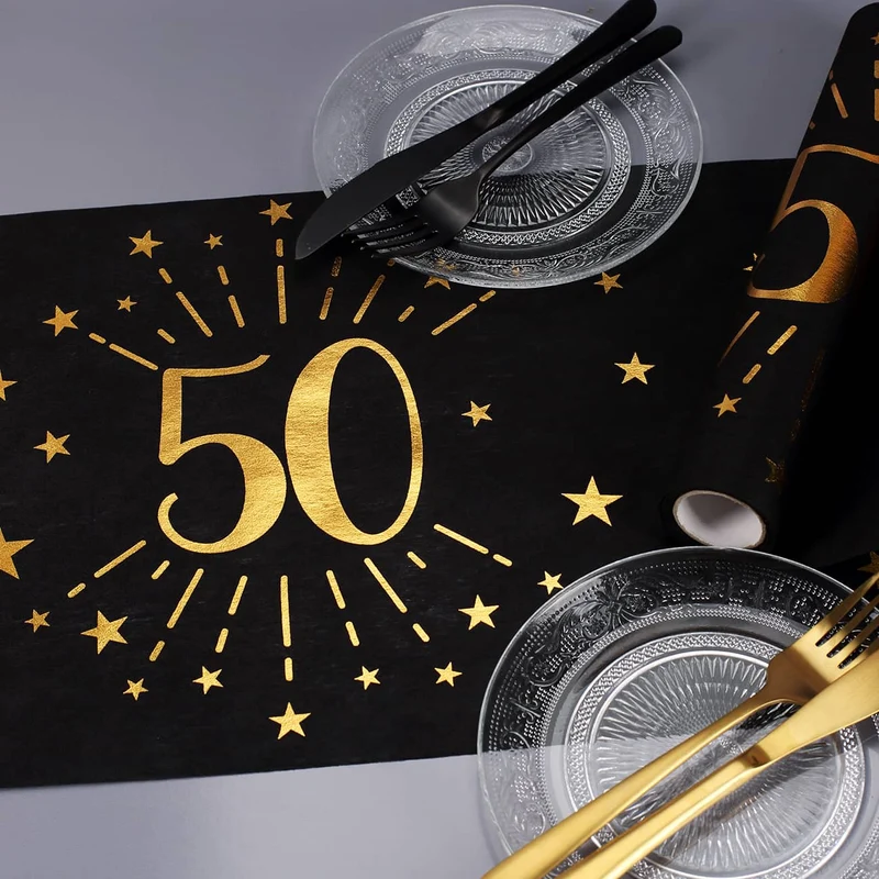 Tischläufer aus Vlies zum 50. Geburtstag - schwarz/gold