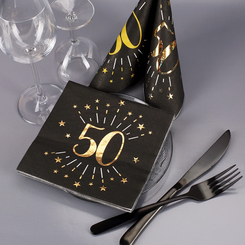 Servietten zum 50. Geburtstag - schwarz/gold-metallic