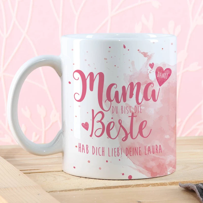 Tasse "Mama Du bist die Beste" mit Wunschtext in verschiedenen Farben