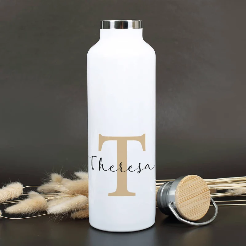 Bedruckte Thermosflasche mit Name und Initiale