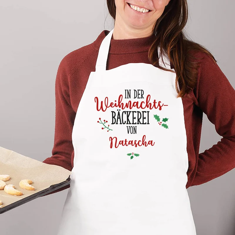 Weiße Schürze - in der Weihnachtsbäckerei - mit Namensaufdruck