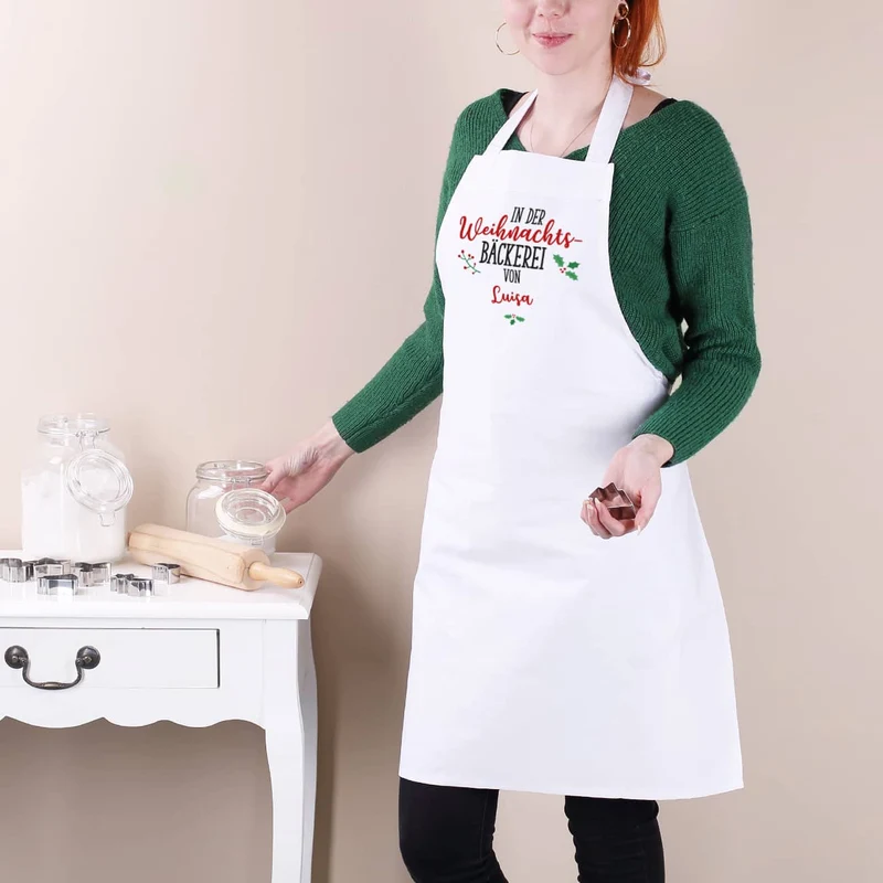 Weiße Schürze - in der Weihnachtsbäckerei - mit Namensaufdruck