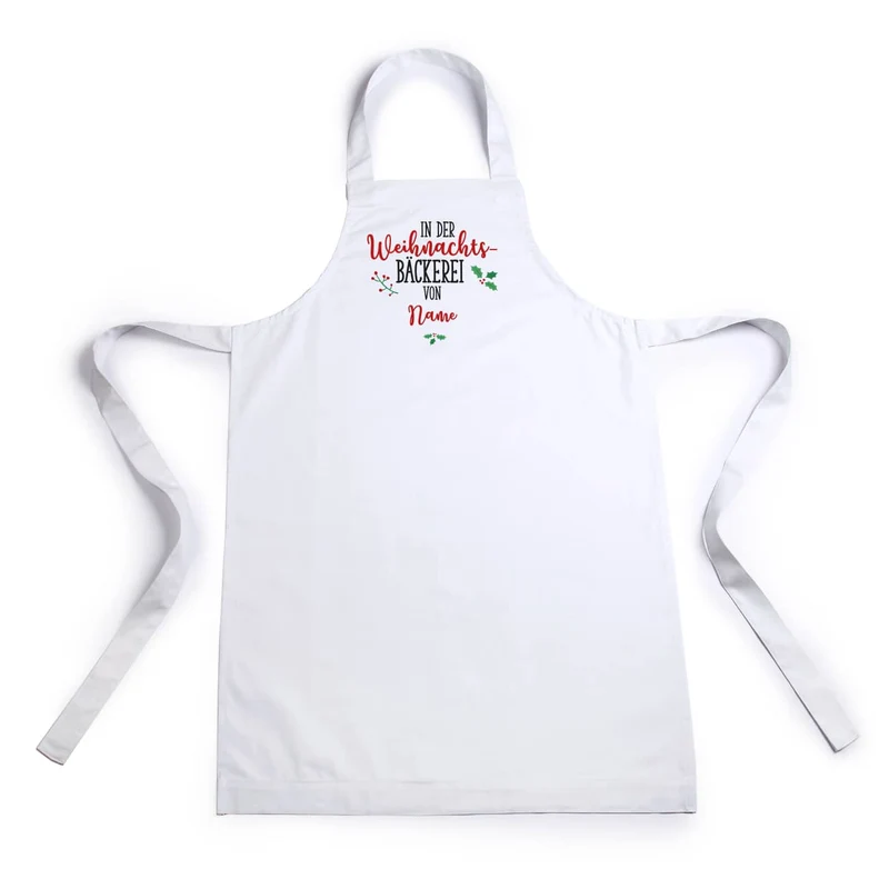 Weiße Schürze - in der Weihnachtsbäckerei - mit Namensaufdruck