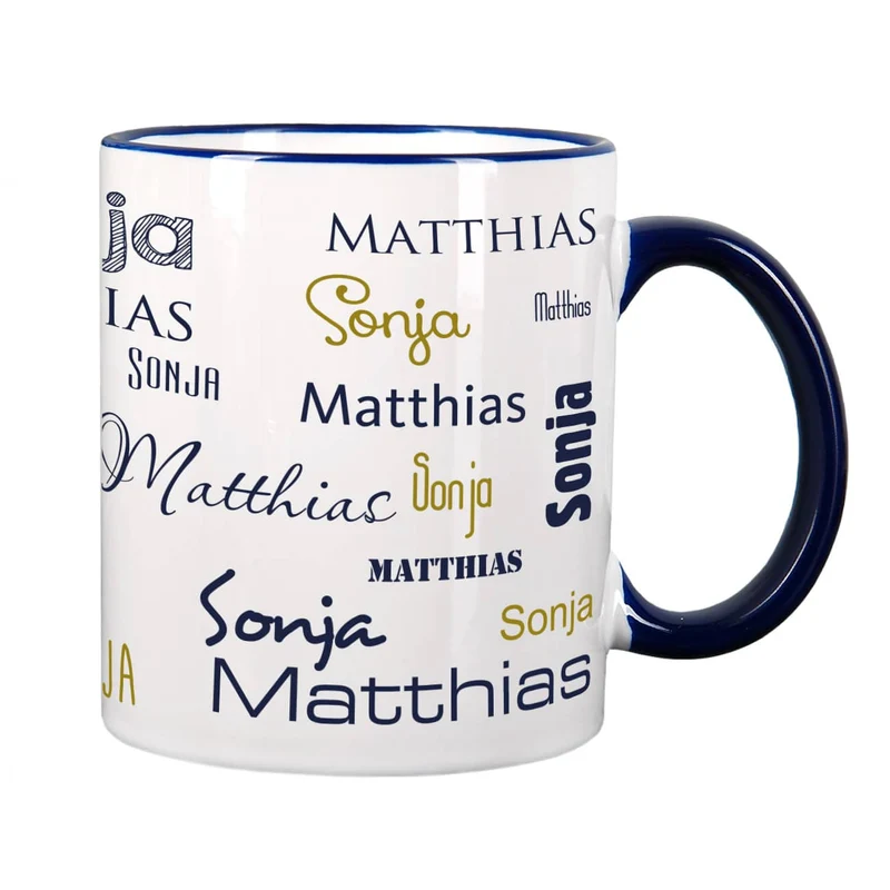 Tasse mit zwei Namen in verschiedenen Schriftarten
