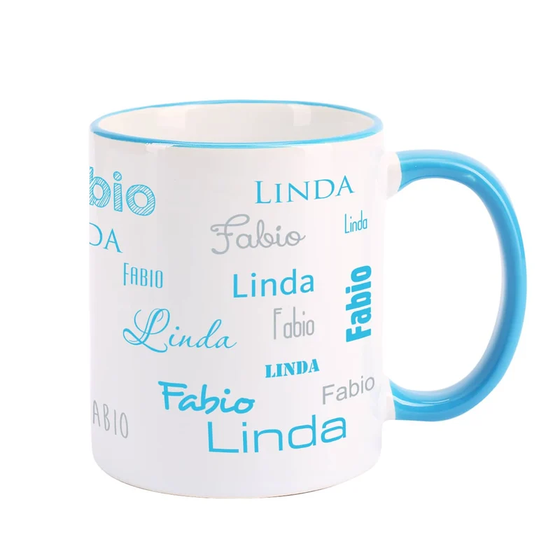 Tasse mit zwei Namen in verschiedenen Schriftarten