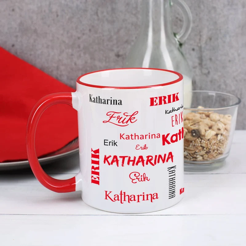 Tasse mit zwei Namen in verschiedenen Schriftarten