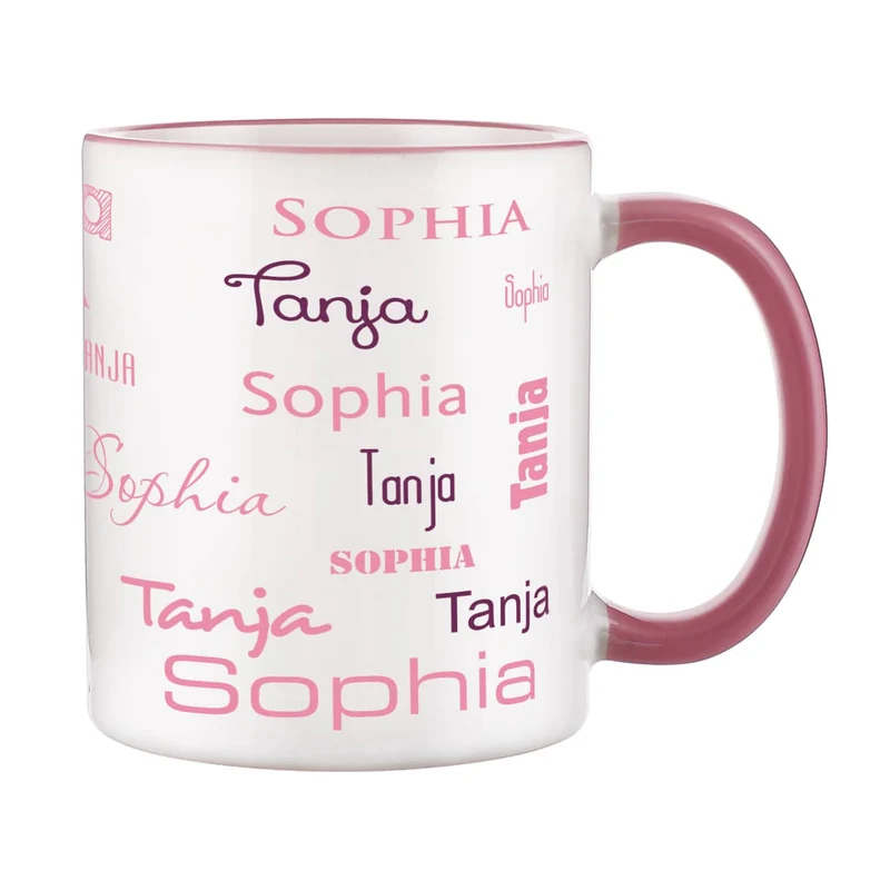 Tasse mit zwei Namen in verschiedenen Schriftarten