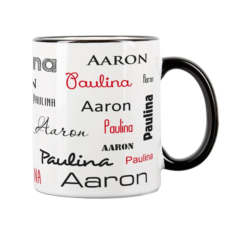 Tasse mit zwei Namen in verschiedenen Schriftarten