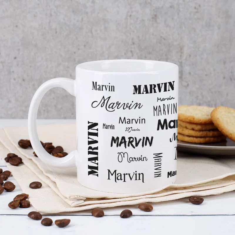 schlichte Tasse mit Ihrem Wunschnamen - schwarz und weiß