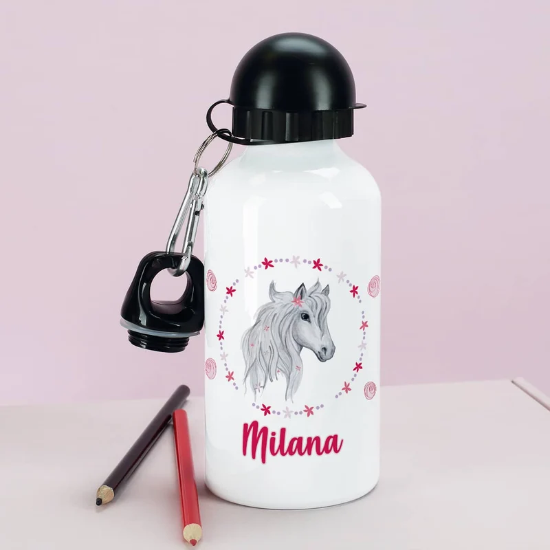 Aluminium-Trinkflasche mit Pferd, Blüten und Name