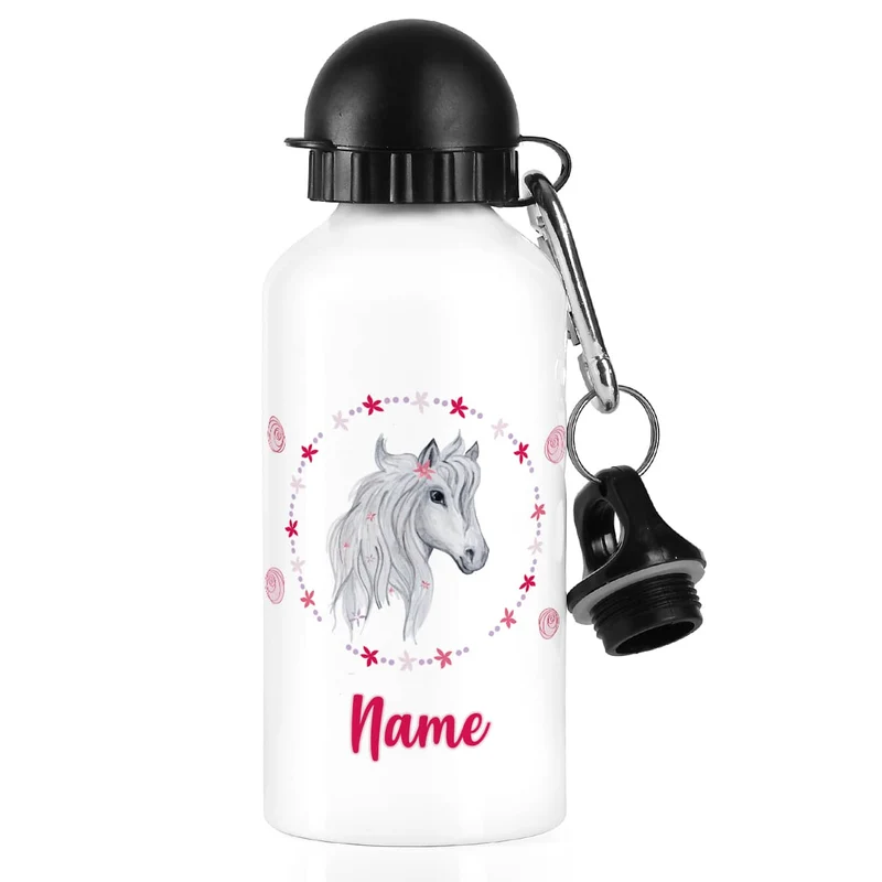 Aluminium-Trinkflasche mit Pferd, Blüten und Name