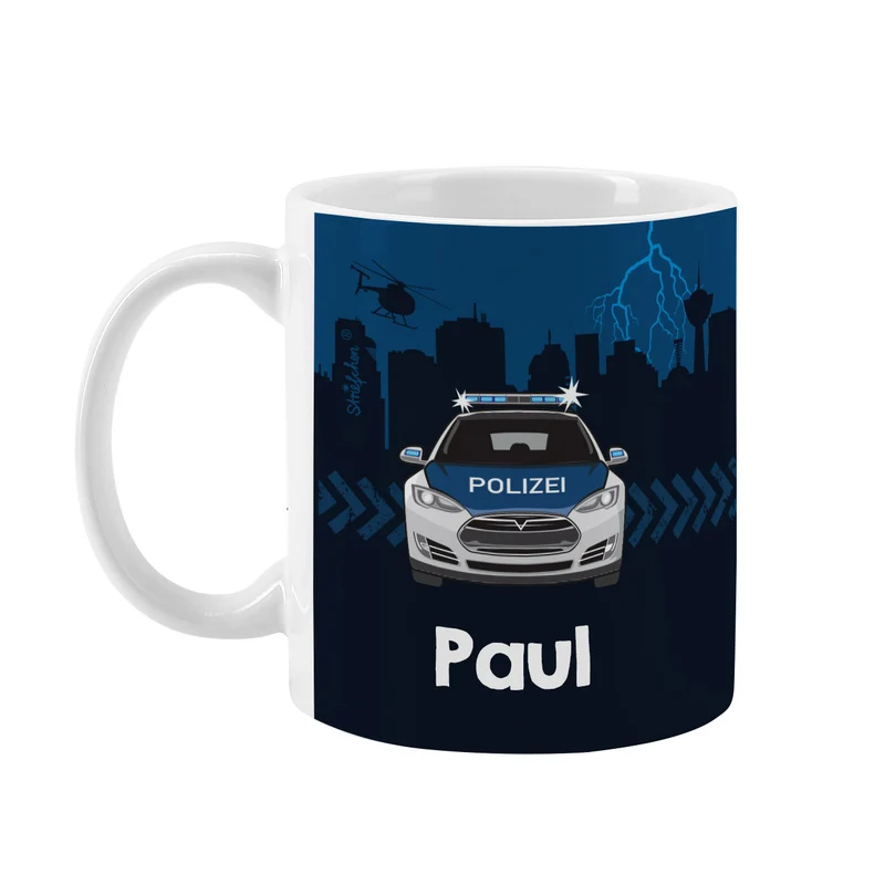 Keramiktasse mit Polizeiauto und Name