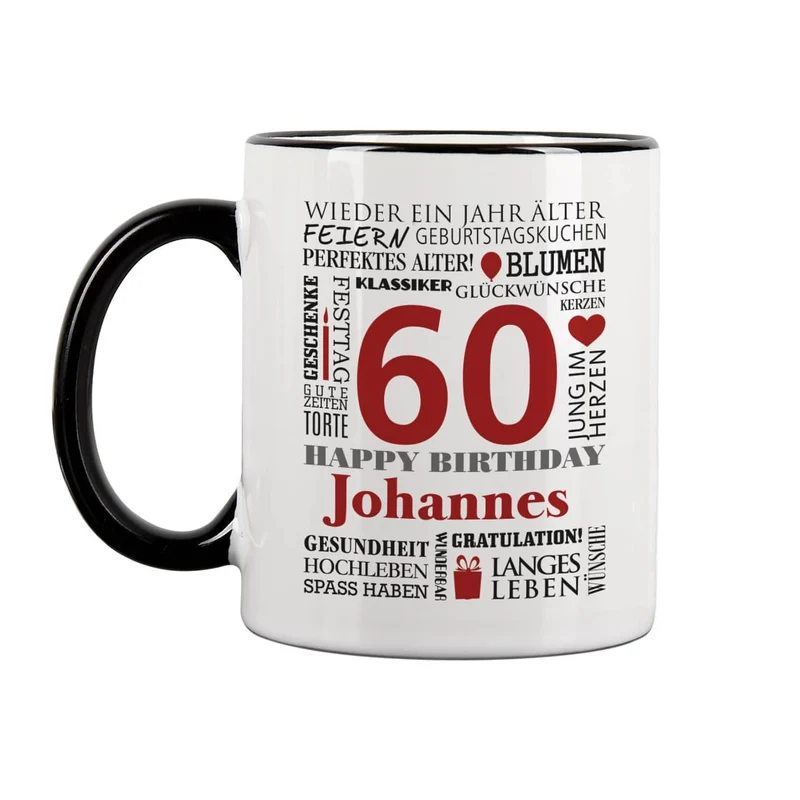 Geburtstagstasse mit guten Wünschen, Name, Alter und Glückwunschtext
