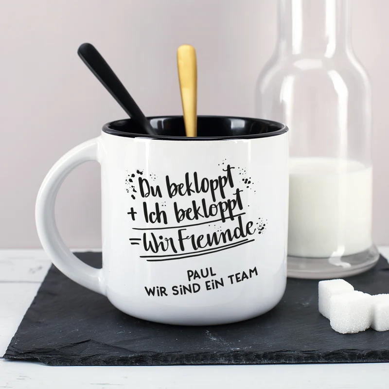 Du bekloppt, Ich bekloppt, Wir Freunde - großer Kaffeepott mit Wunschtext