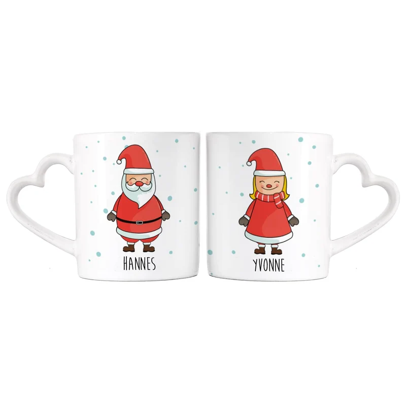 Paartassen mit Herzhenkel und Weihnachtsmotiv