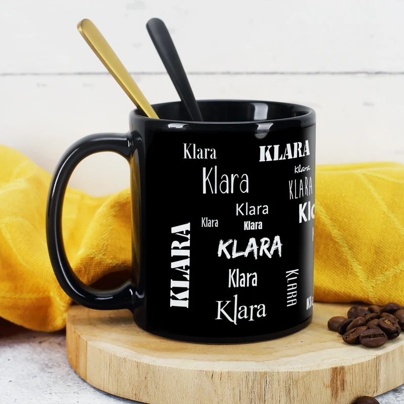 Schwarze Tasse mit Ihrem Wunschnamen