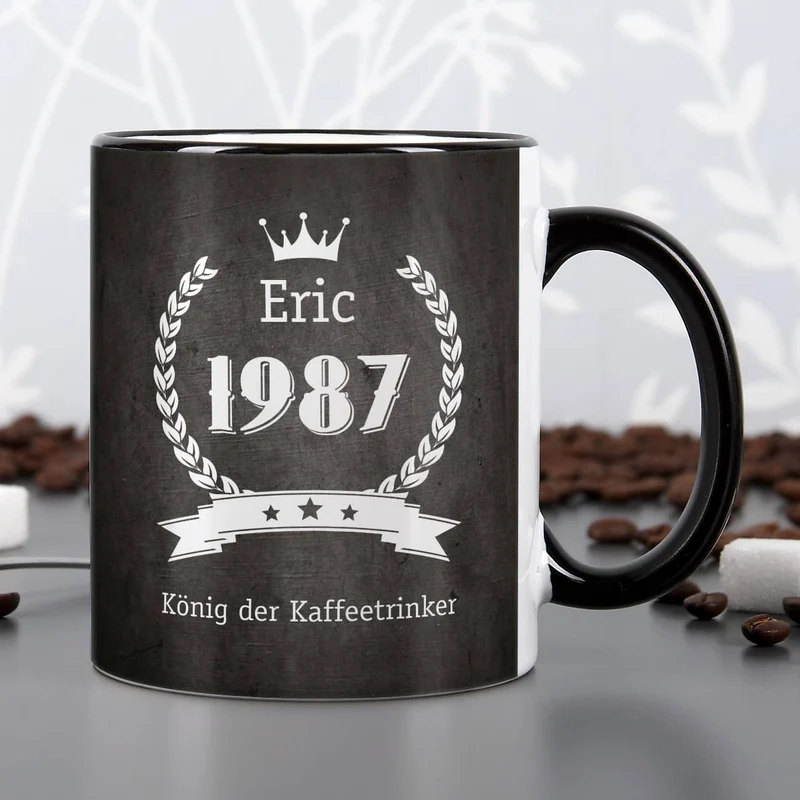 Tasse zum Geburtstag mit Name, Jahreszahl und Wunschtext