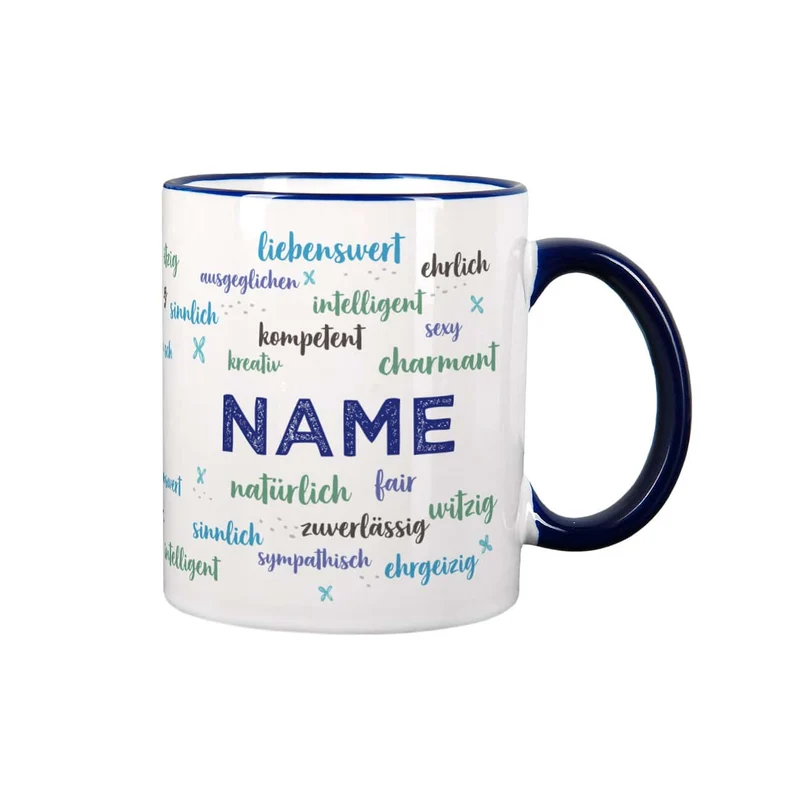 Tasse bedruckt mit positiven Eigenschaften und Name, blau