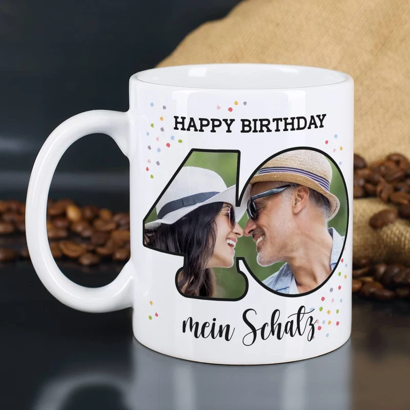 Fototasse zum 40. Geburtstag mit Name und Happy Birthday