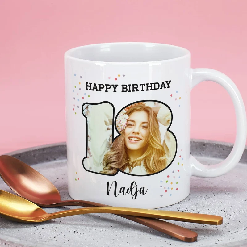 Fototasse zum 18. Geburtstag mit Name und Happy Birthday